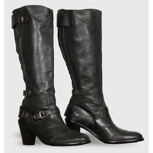 Belstaff Trialmaster Tall High Heel Boots 36 6 Black Italian Leather Buckle Moto